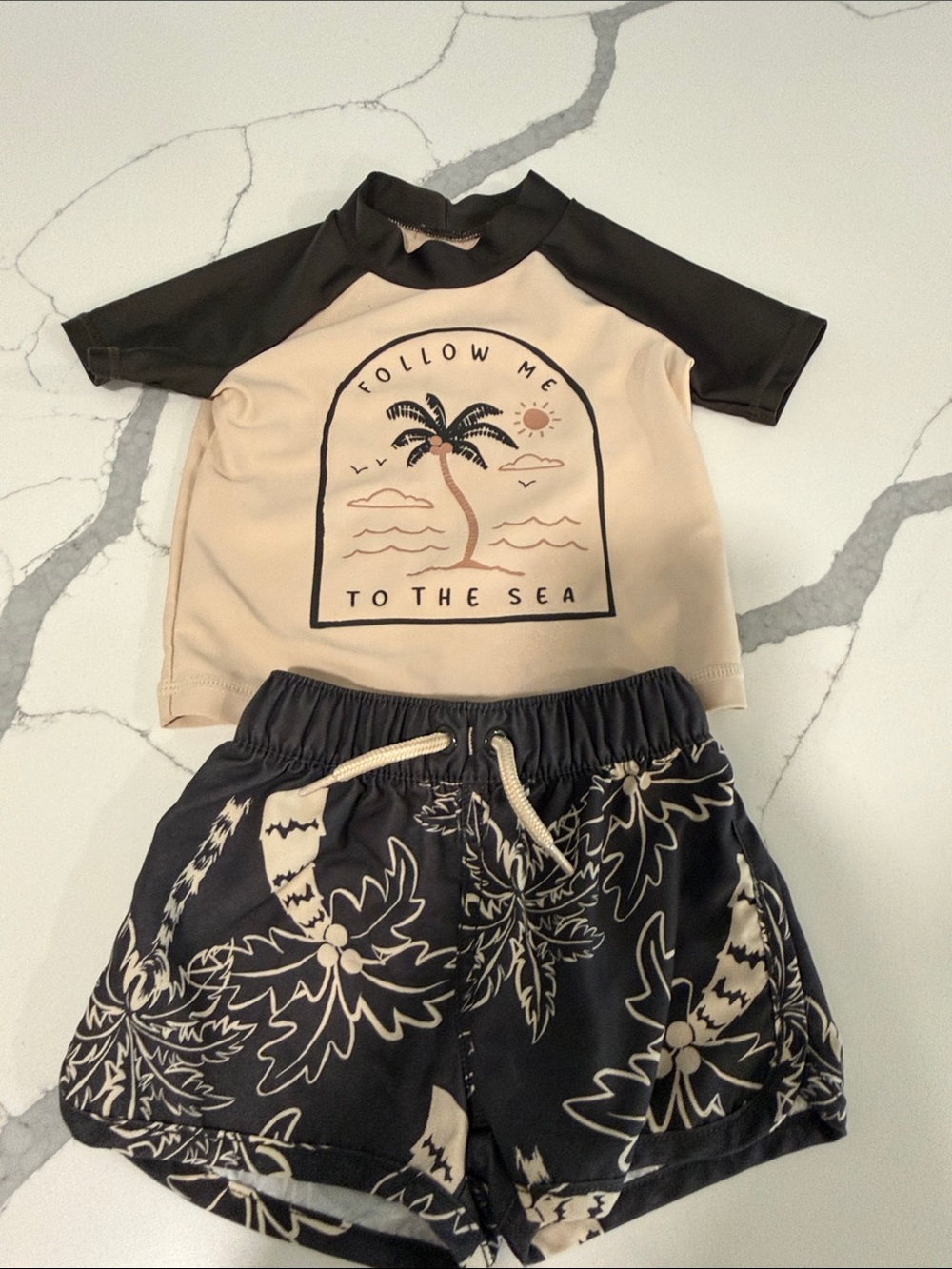 Carters Infant Beige and Black Rash Guard Swim Set - Follow Me To The Sea
